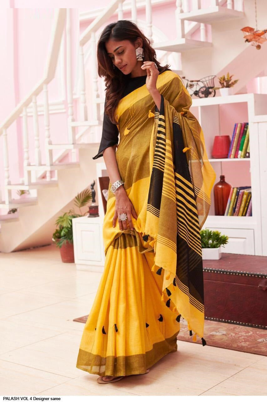 Yellow & Black Colored Party Wear Linen Printed Saree For Women Online