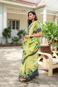 Yellow & Grey Colored Linen Printed Party Wear Saree With Blouse For Women