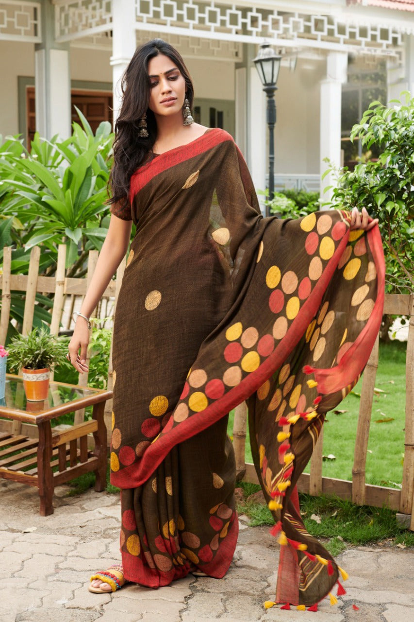 Coffee Colored Latest Function Wear Linen Printed Saree For Women