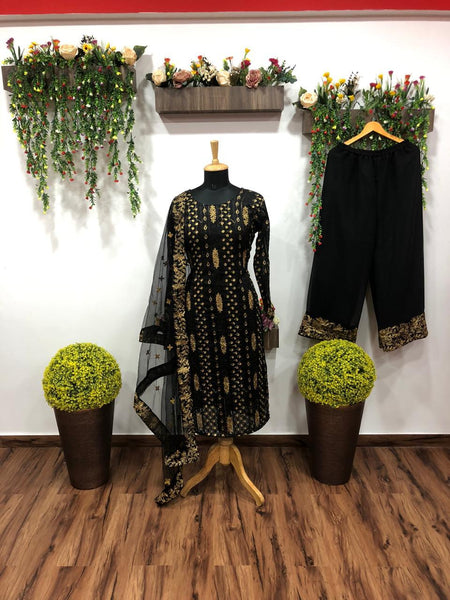 Attractive Black Color Designer Georgette Embroidered Work Plazo Salwar Suit For Party Wear