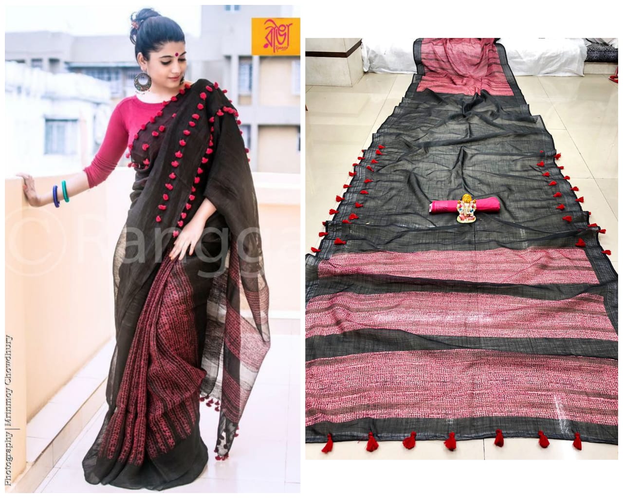 Pink & Black Colored Party Wear Linen Saree For Women