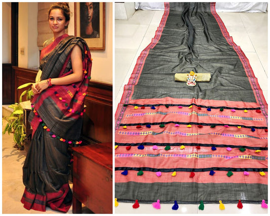 Red & Black Colored Women's Party Wear Linen Saree With Blouse