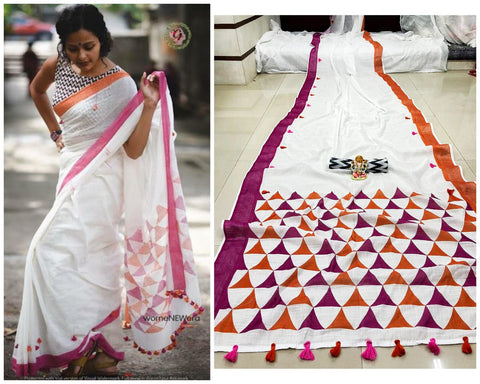 White Colored Ladies Party Wear Linen Saree With Blouse Online