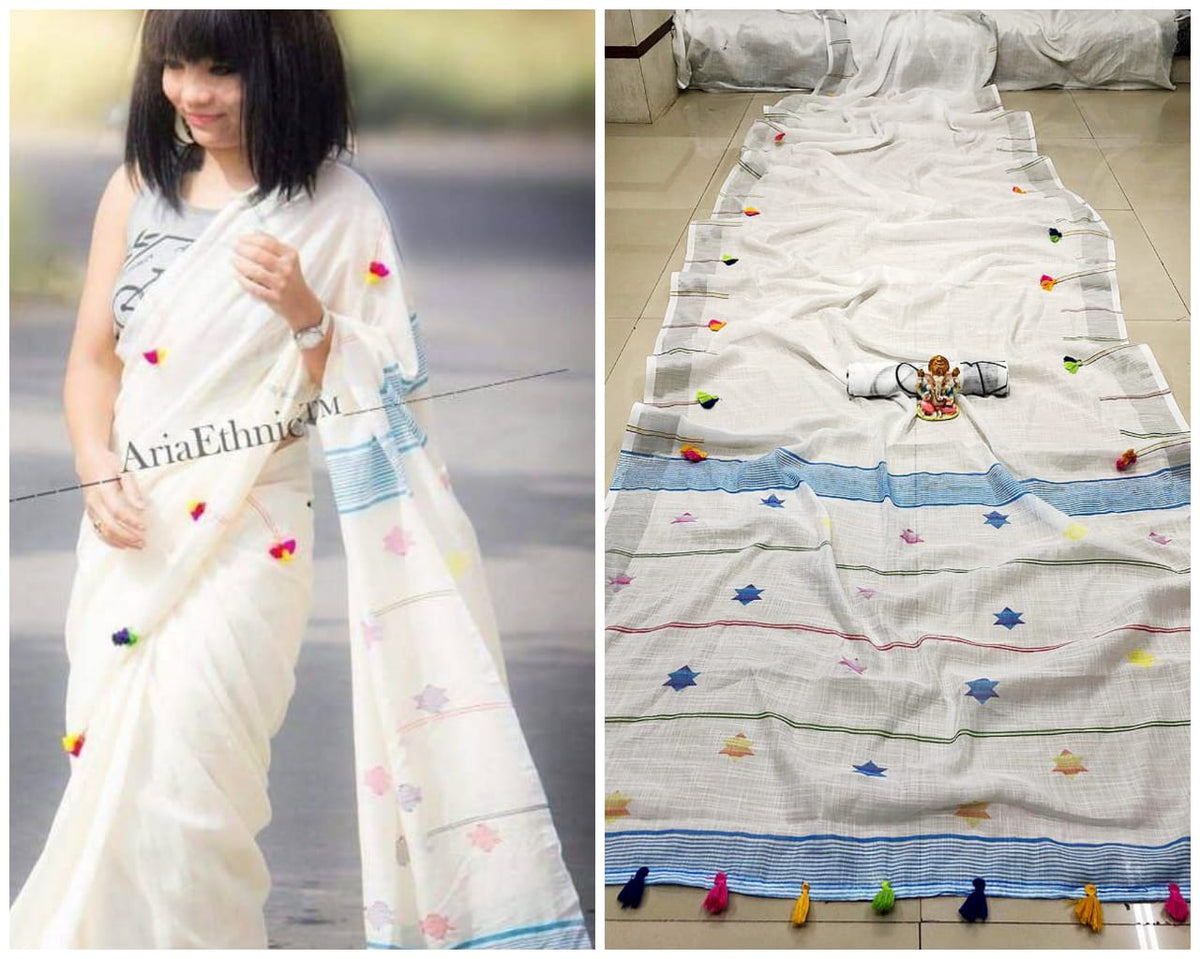 White Colored Beautiful Party Wear Linen Saree For Women
