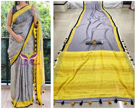 Grey & Yellow Colored Beautiful Party Wear Linen Saree For Women