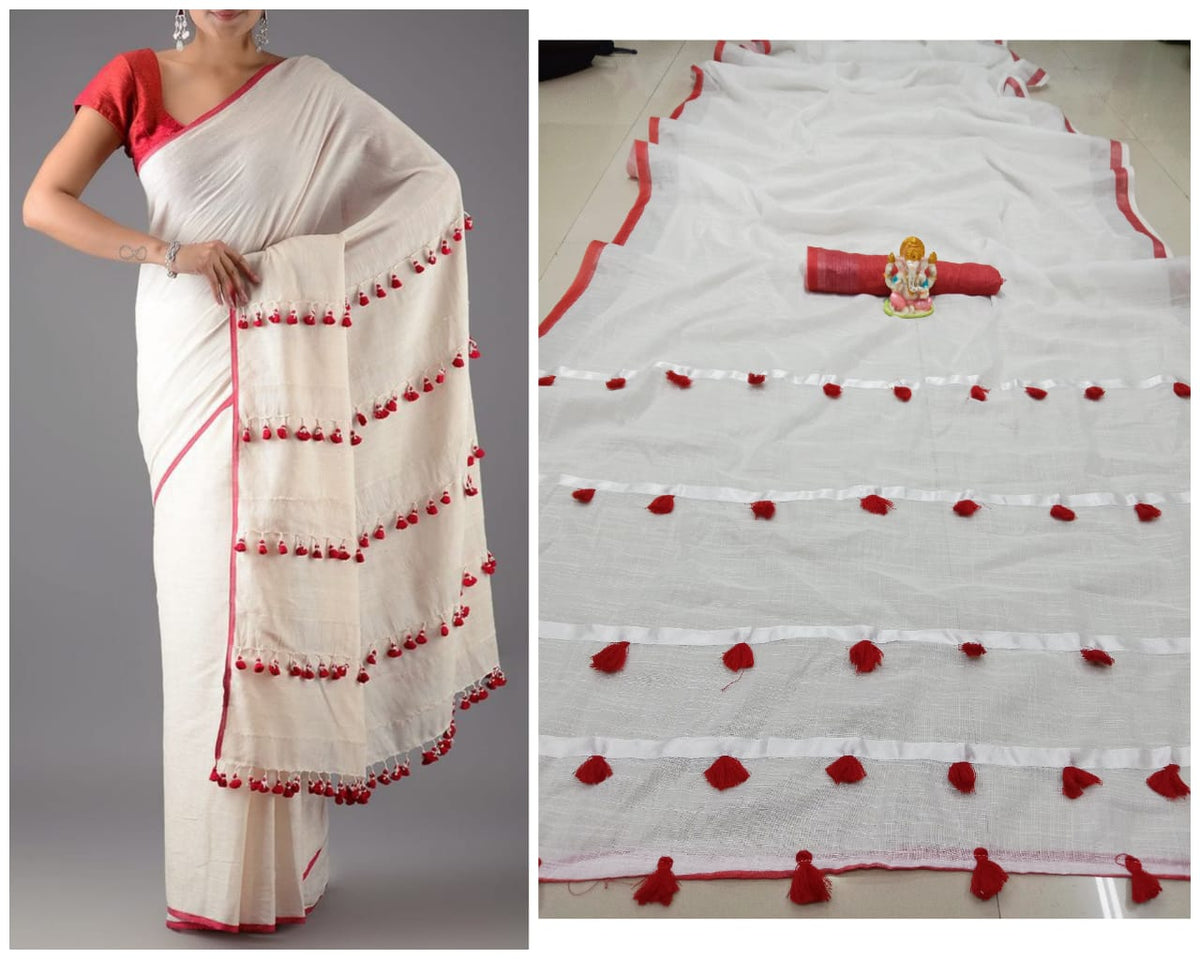 White & Red Colored Beautiful Party Wear Linen Saree For Women