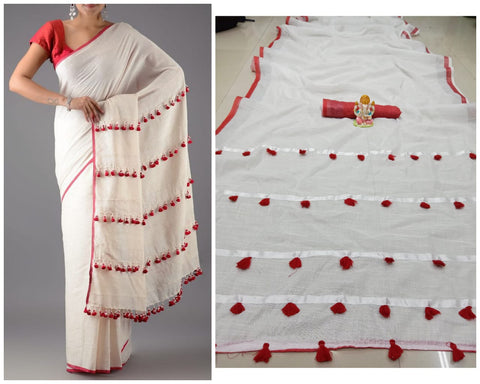 White & Red Colored Beautiful Party Wear Linen Saree For Women