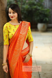 Yellow Colored Banarasi Silk Jacquard Party Wear Moti Work Saree For Women