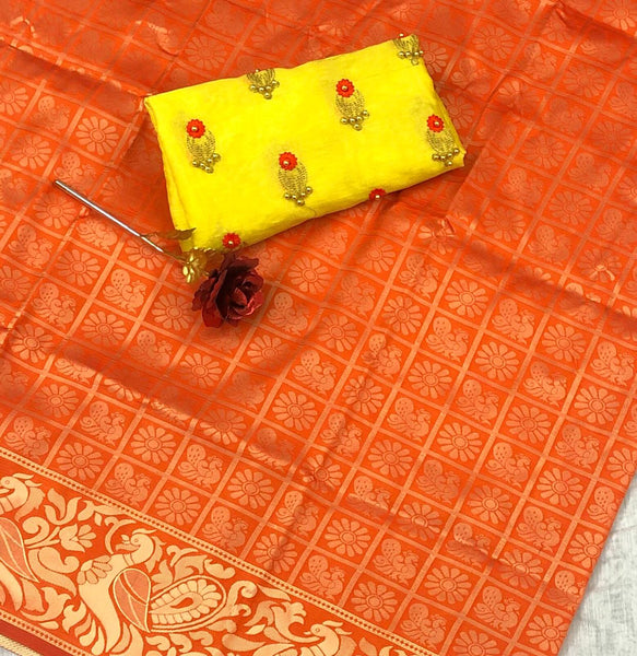 Yellow Colored Banarasi Silk Jacquard Party Wear Moti Work Saree For Women