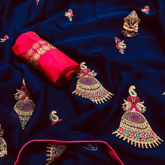 Blue Colored Party Wear Embroidered Chiffon Saree For Women