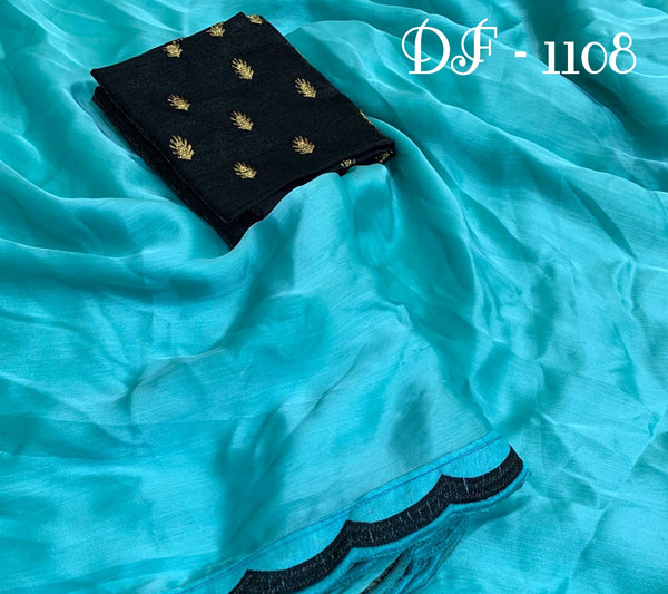 Blue Colored Silky Chiffon Party Wear Embroidered Saree For Women