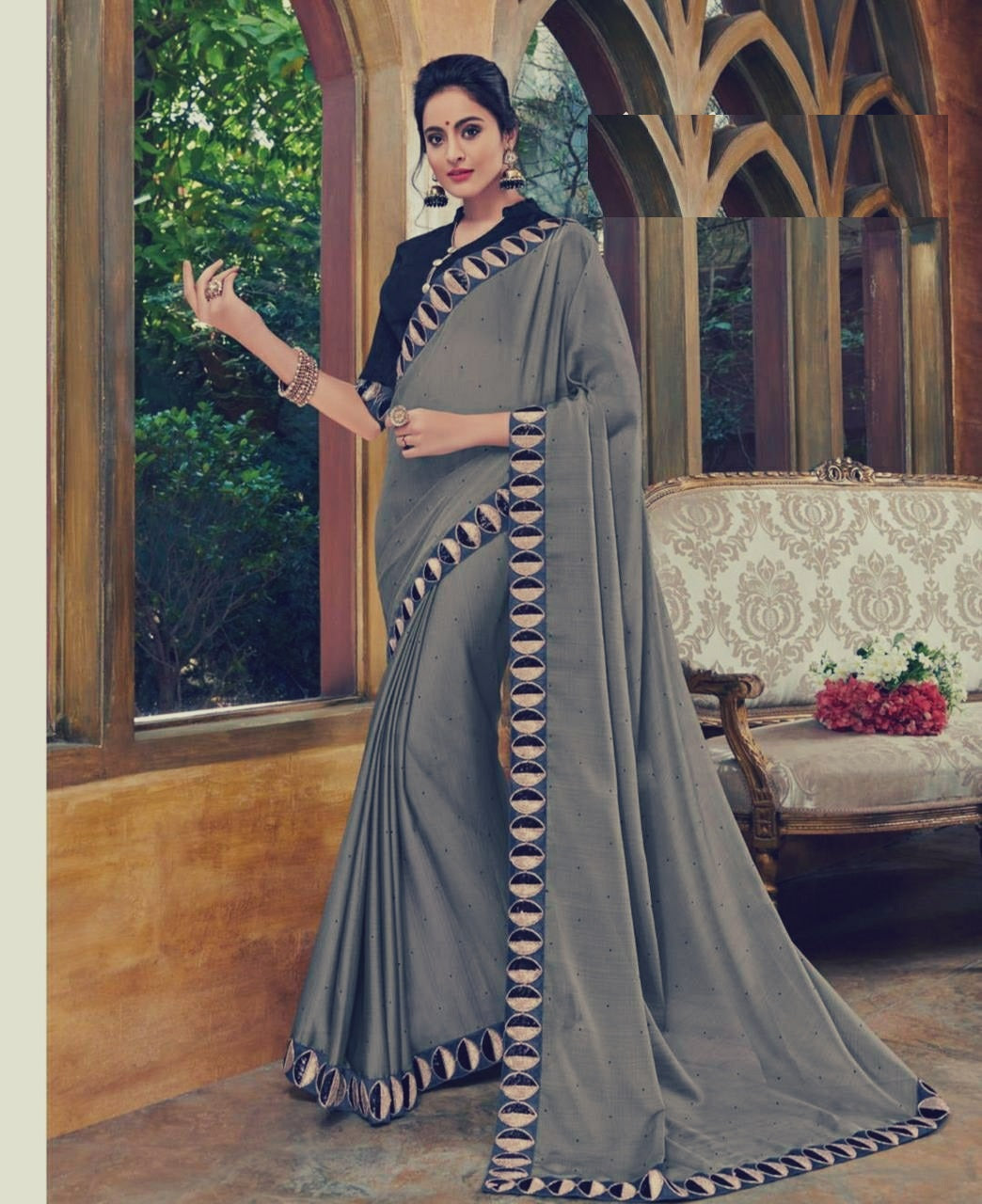 Gray & Back Party Wear Women's Silk Embroidered Saree With Blouse