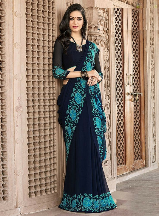Blue Colored Designer Embroidered Party Wear Moss Chiffon Saree For Women