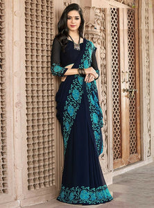 Blue Colored Designer Embroidered Party Wear Moss Chiffon Saree For Women