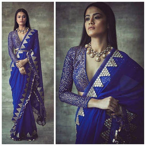 Astonishing Royal Blue Colored Georgette Party Wear Embroidered Ruffle Saree