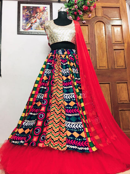 Bewildering Multi Color Designer Foil Mirror Work Rayon Cotton Function Wear Lehenga Choli