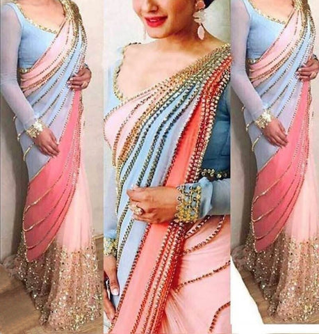 Pretty Blue & Pink Designer Georgette With Net Sequence Lace fancy designer saree