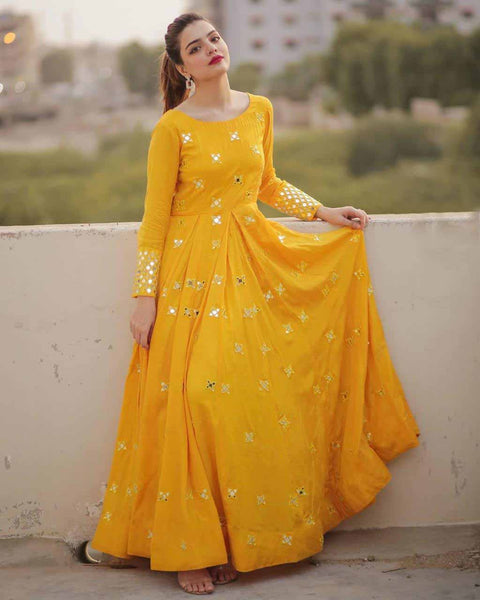 Attractive Party Wear Yellow Color Gown