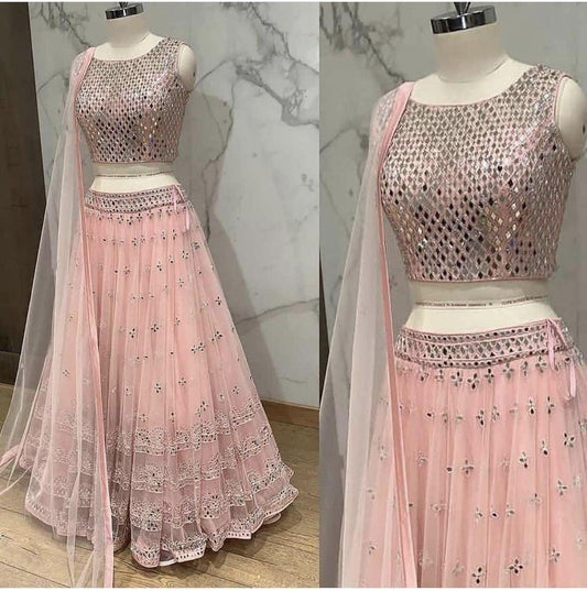 Peach Color Party Wear Designer Net Lehenga Choli With Dupatta