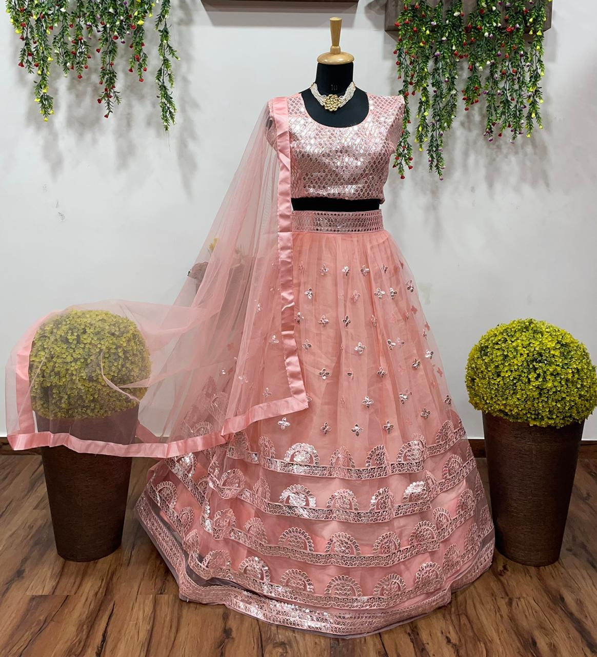 Peach Color Party Wear Designer Net Lehenga Choli With Dupatta