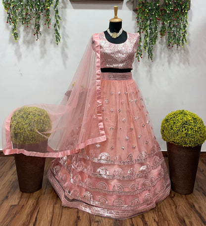 Peach Color Party Wear Designer Net Lehenga Choli With Dupatta
