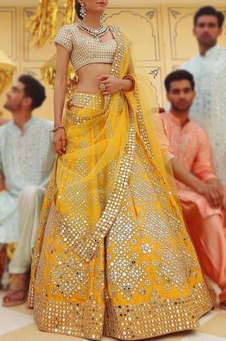 Yellow Color Bridal Wear Embroidered Lehenga Choli For Women design online