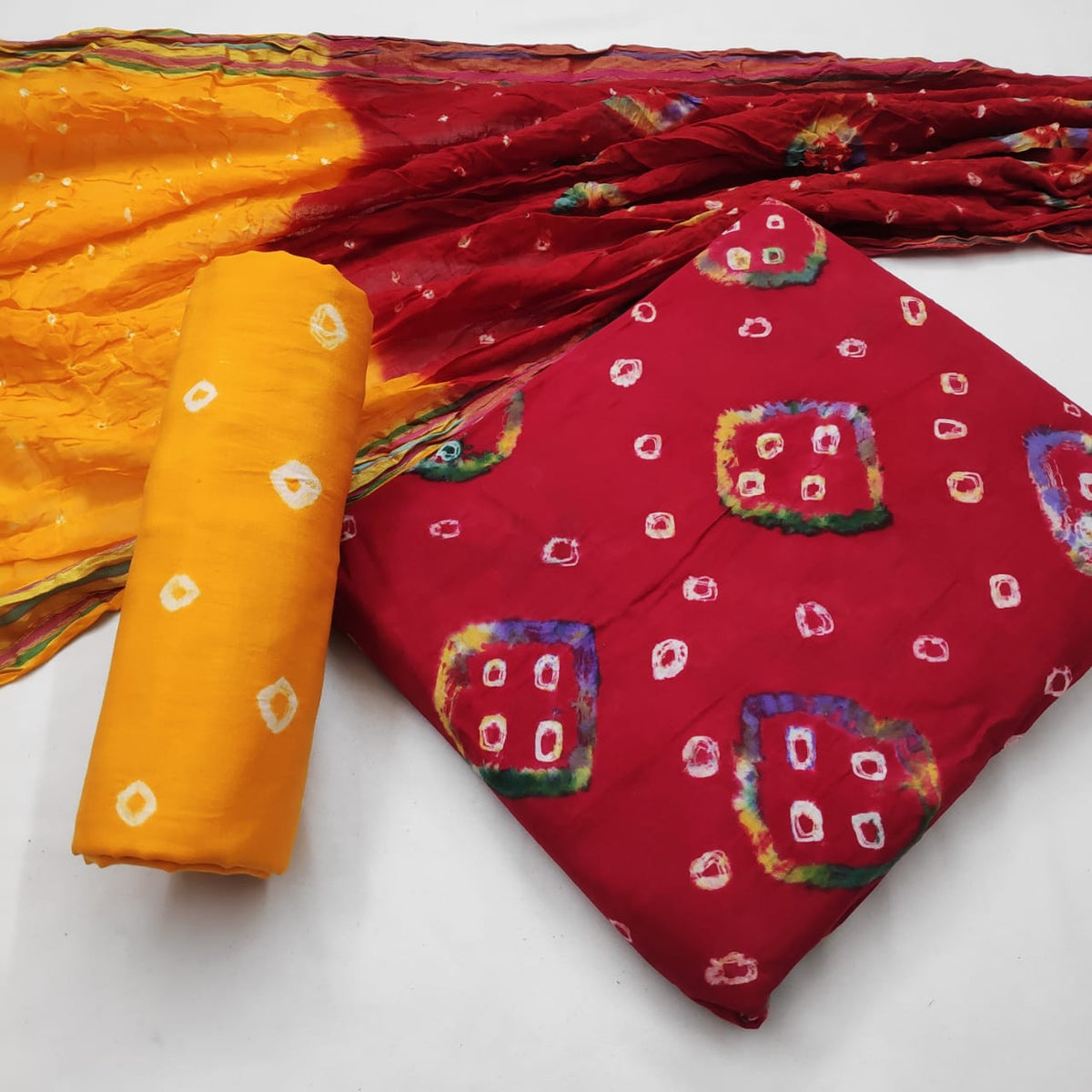 Carmine Color Cotton Banndhej With Hand Dying Designer Party Wear Salwar Suit