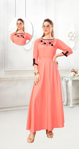 Peach Color Designer Heavy Rayon Cotton Thread Hand Work Ready Made Gown For Party Wear