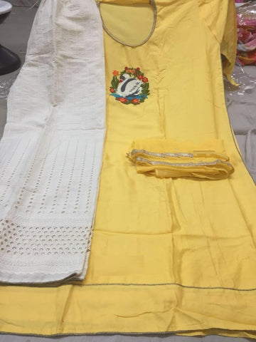 Yammy Yellow Color Rayon Kurti With Stitched Boring Rayon Plazzo