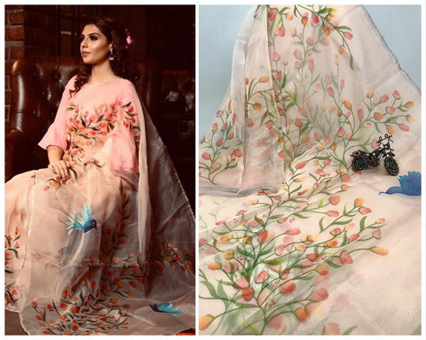 French Rose Color Party Wear Organza Digital Printed Saree Blouse