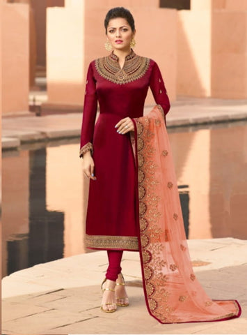 Carmine Color Party Wear Satin Georgette Embroidered Stone Work Salwar Suit For Women