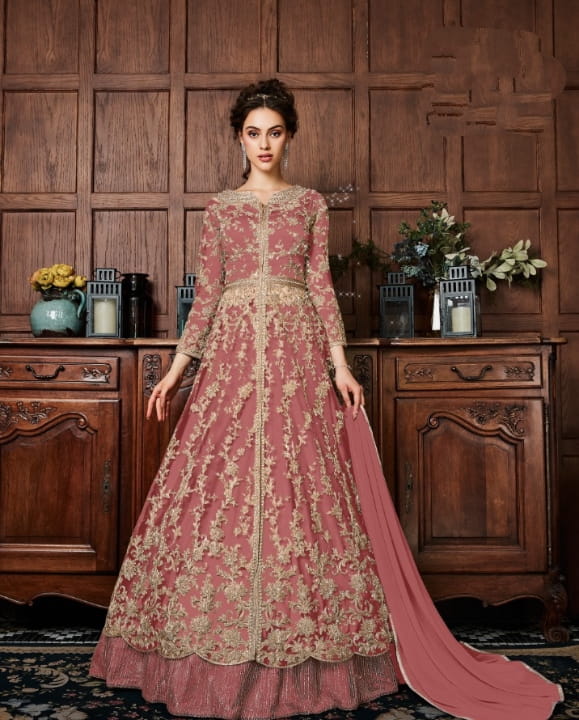 Brick Color Designer Heavy Butterfly Net Embroidered Dori Patti Stone Codding Work Salwar Suit For Women