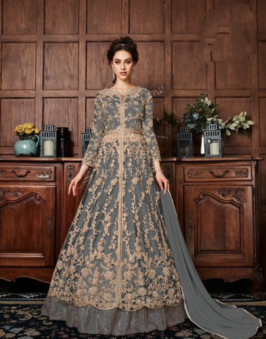 Striking Steel Color Butterfly Net Embroidered Dori Patti Codding Stone Work Wedding Wear Salwar Suit