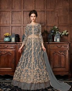 Striking Steel Color Butterfly Net Embroidered Dori Patti Codding Stone Work Wedding Wear Salwar Suit