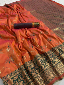 Pumpkin Color Cotton Silk All Over Zari Weaving Work Saree Blouse For Party Wear