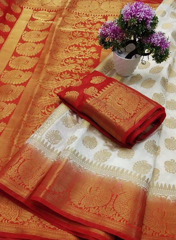 Prominent Red Color Beautiful Dying Material Rich Pallu Nylon Silk Saree Blouse For Party Wear