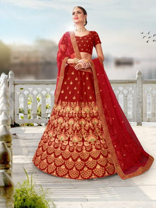 Crimson Color Designer Velvet Thread Coding Stone Work Lehenga Choli For Wedding Wear