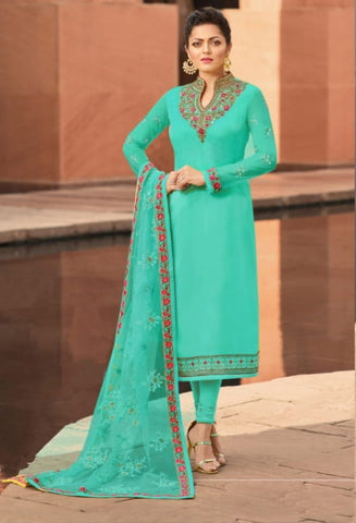 Aqua Color Satin Georgette Embroidered Stone Work Wedding Wear Salwar Suit