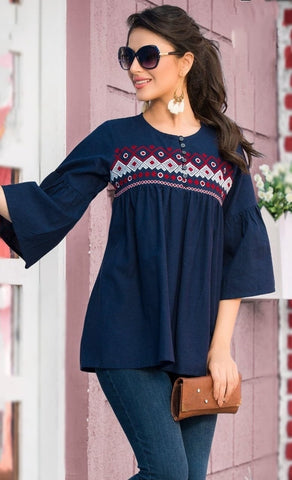 Jazzy Navy Blue Color Full Stitched Cotton Embroidered Work Stylish Top