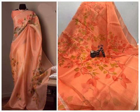 Salmon Color Digital Printed Organza Wedding Wear Saree Blouse For Women
