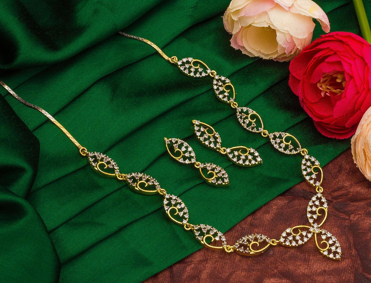 White Color Diamond Golden Plated Imitation Necklace Set For Women