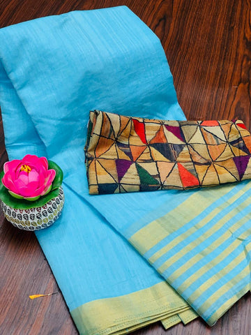 Azure Color Designer Jacquard Weaving Border Bonga Silk Saree Blouse For Function Wear