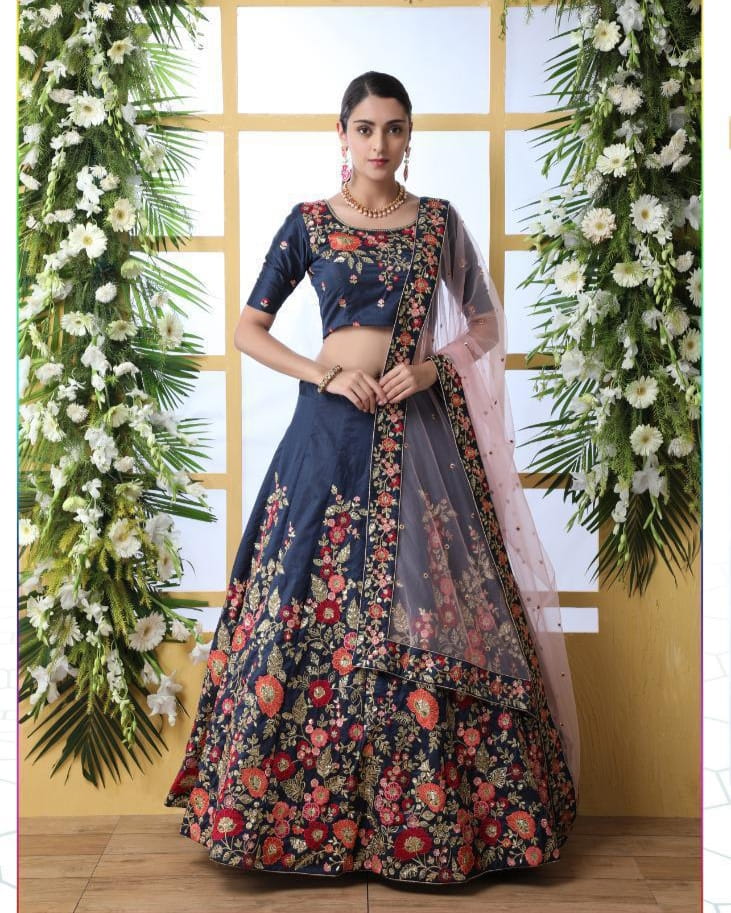 Navy Blue Color Designer Art Silk Sequence Zari Thread Embroidered Work Lehenga Choli