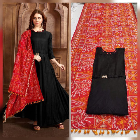 Gleaming Black Color Ready Made Long Rayon Kurti With Designer All Over Embroidered Work Dupatta For Women