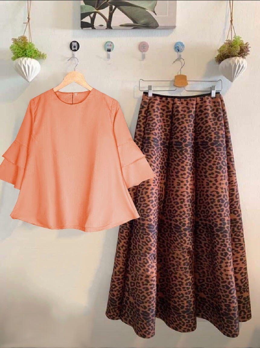 Party Wear Peach Color Full Stitched Digital Printed Designer Rayon Skirt Top