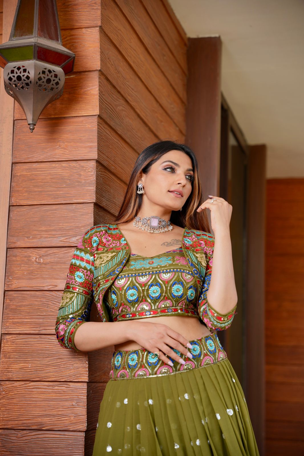 Party Wear Green Color Stitched Embroidered Lehenga With Koti