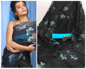 Black Color Digital Printed Organza Saree Blouse For Festive Wear