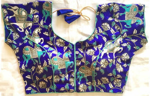 Royal Blue Color Satin Banglori Printed Full Stitched Designer Blouse For Festive Wear