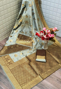 Pewter Color Wedding Wear Pure Cotton Silk All Over Mina Zari Weaving Work Pallu Saree Blouse For Women