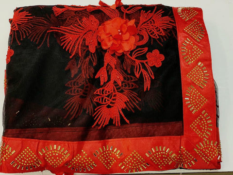 Black Color Soft Net Fancy Rubin Work Flower With Hot Fix Diamond Border Saree Blouse For Party Wear